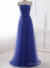 Cheap Blue Tulle Strapless Long Simple Prom Dress With Bow